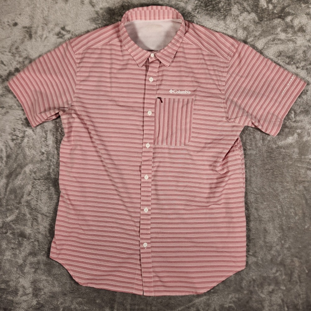 Columbia Shirt Mens Large AM0669 Pink Striped Omni-Shade Vented Button-Down EUC